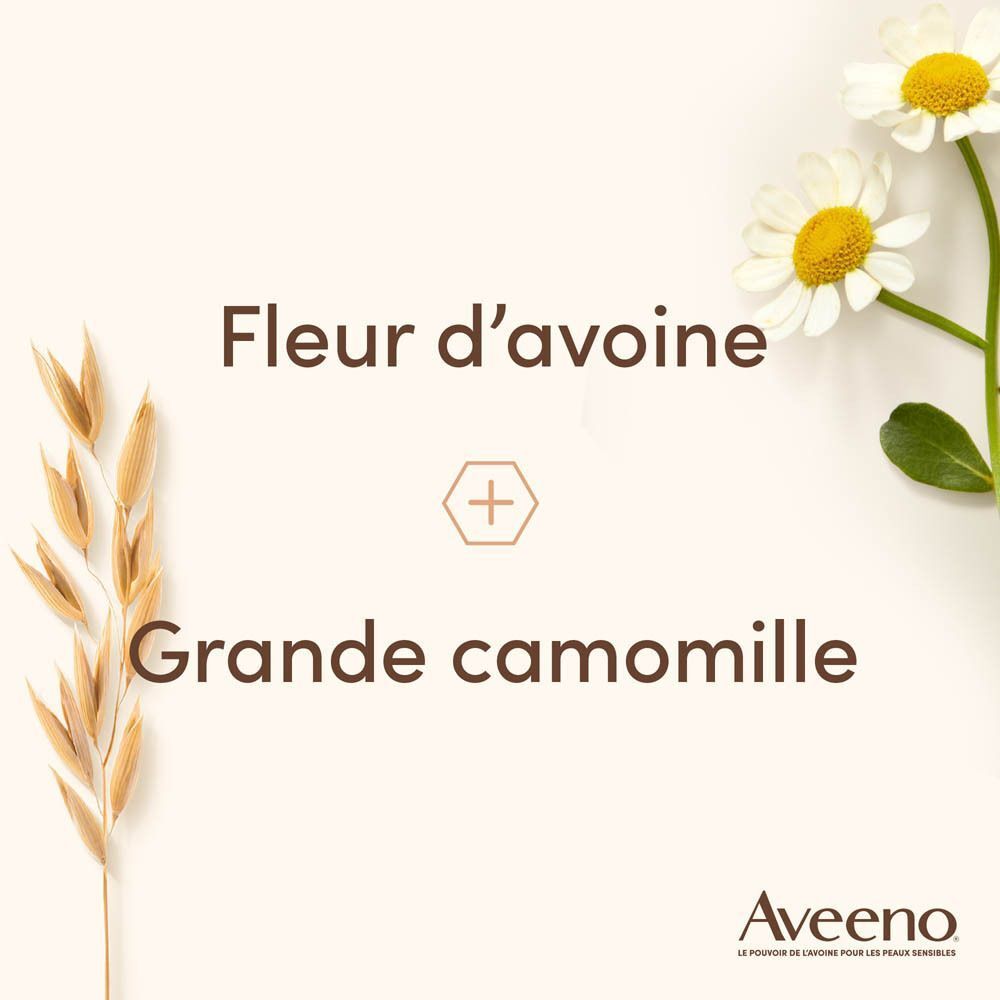Ingrédients : Fleur d'avoine et Grande camomille. Aveeno Calm+Restore.