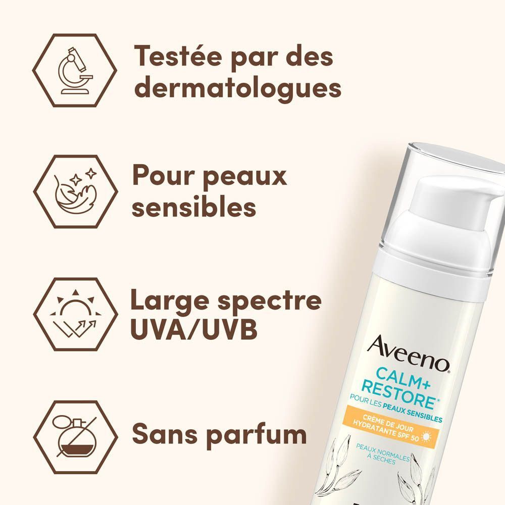 Testée par des dermatologues, pour peaux sensibles, Large spectre UVA/UVB, Sans parfum. Aveeno.