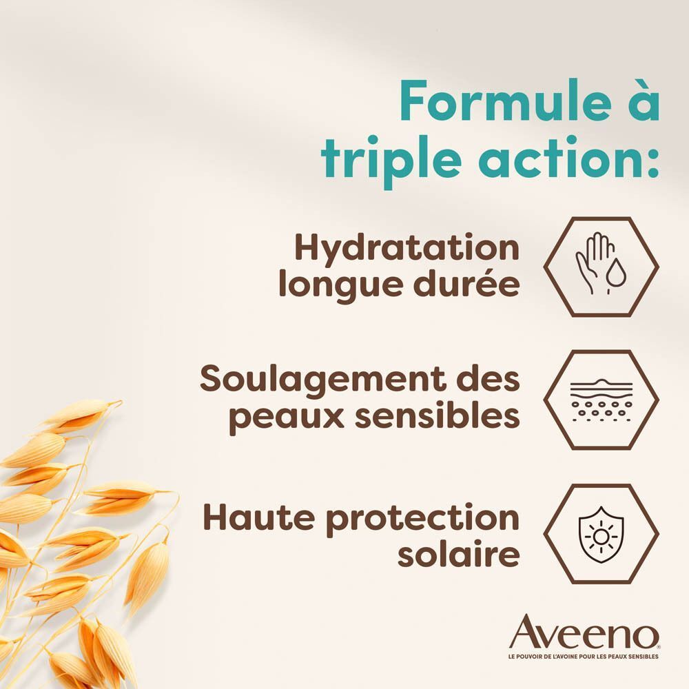 Formule à triple action : Hydratation longue durée, Apaisement des peaux sensibles, Haute protection solaire. Aveeno.