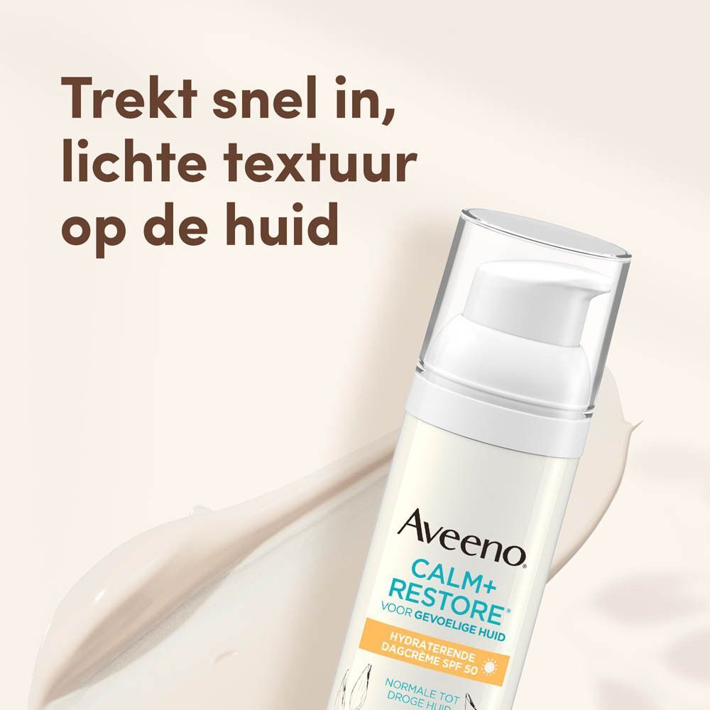 Zieht schnell ein, leichte Textur auf der Haut. Aveeno Calm+Restore Feuchtigkeitsspendende Tagescreme SPF 50.