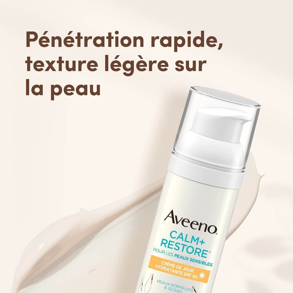Pénétration rapide, texture légère sur la peau. Aveeno Calm+Restore Crème de jour hydratante SPF 50.