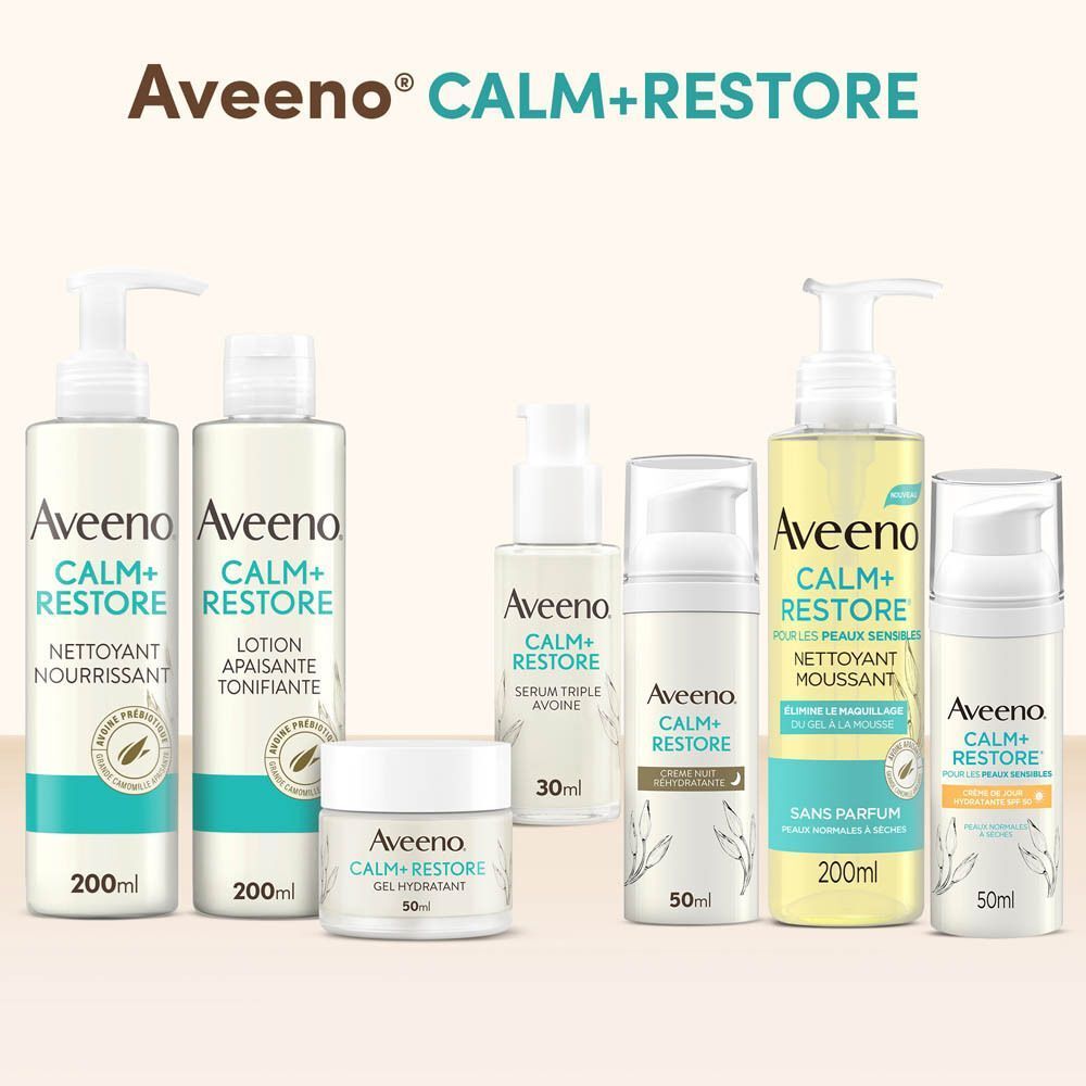 Gamme Aveeno Calm+Restore : Nettoyant, Lotion, Sérum, Gel, Nettoyant moussant, Crème de jour.