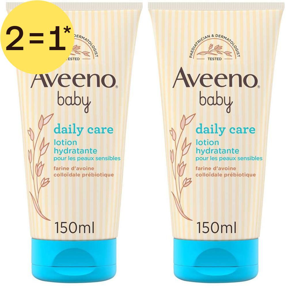 Deux tubes Aveeno Baby Daily Care Lotion. Étiquette jaune 1+1 GRATUIT. 150ml. Bouchon bleu.