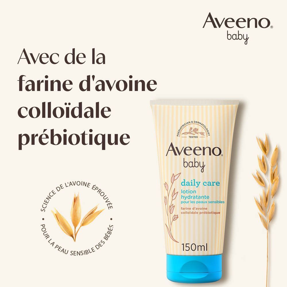 Tube Aveeno Baby Daily Care Lotion. Texte: Avec de la farine d'avoine colloïdale prébiotique. 150ml. Bouchon bleu.