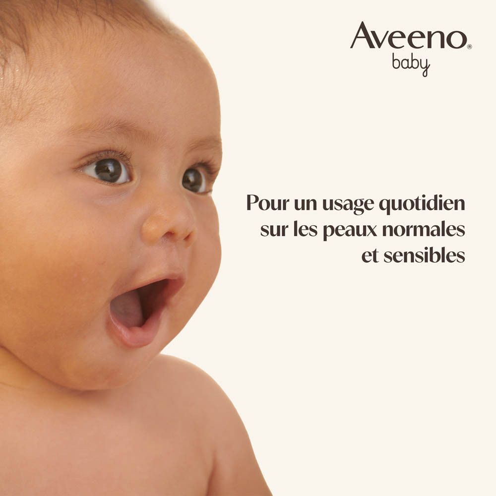 Bébé avec bouche ouverte. Texte: Pour un usage quotidien sur les peaux normales et sensibles.