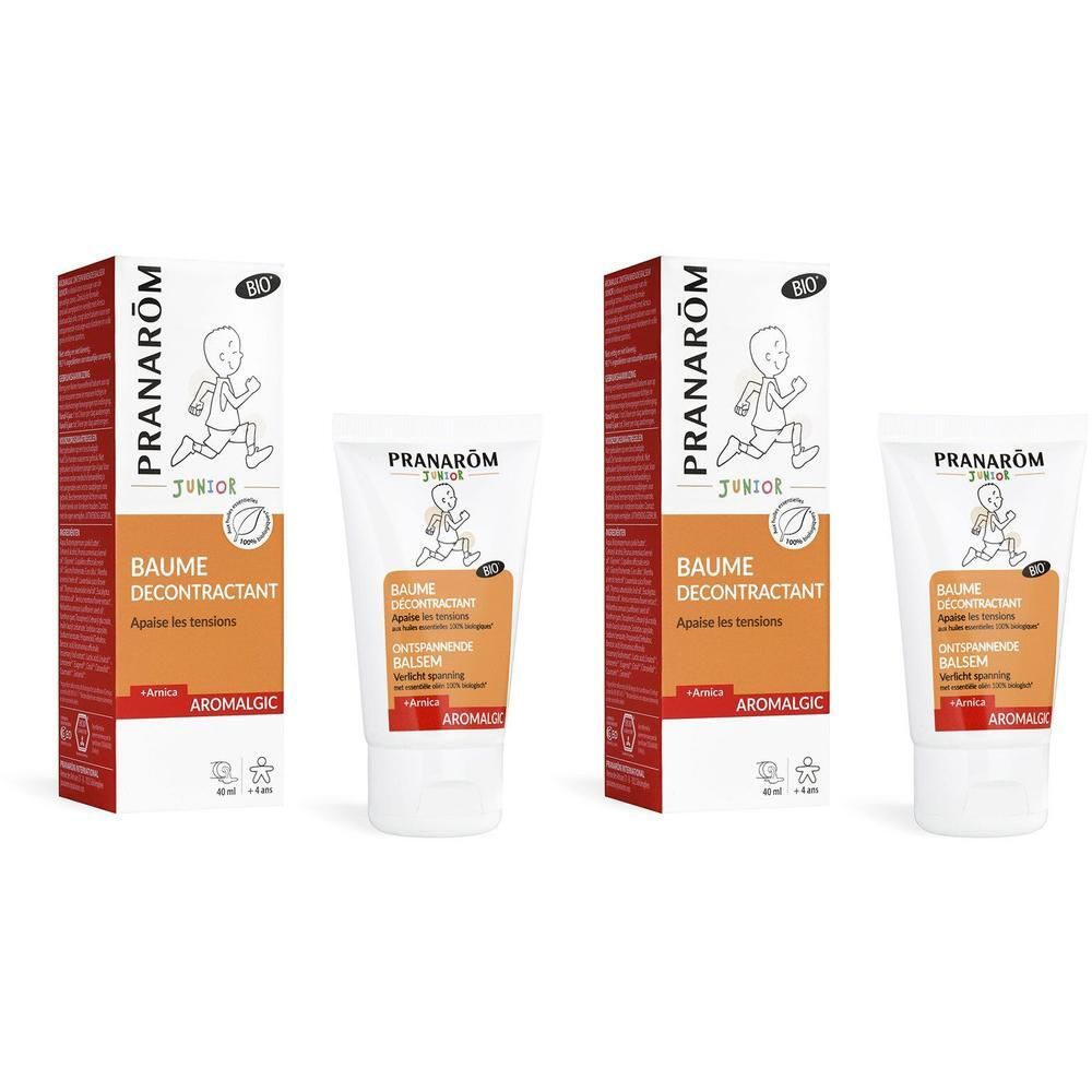 Zwei Tuben und Verpackungen. Aufschrift: Pranarôm Junior, Baume Décontractant, Aromalgic. Bio-Zertifizierung.
