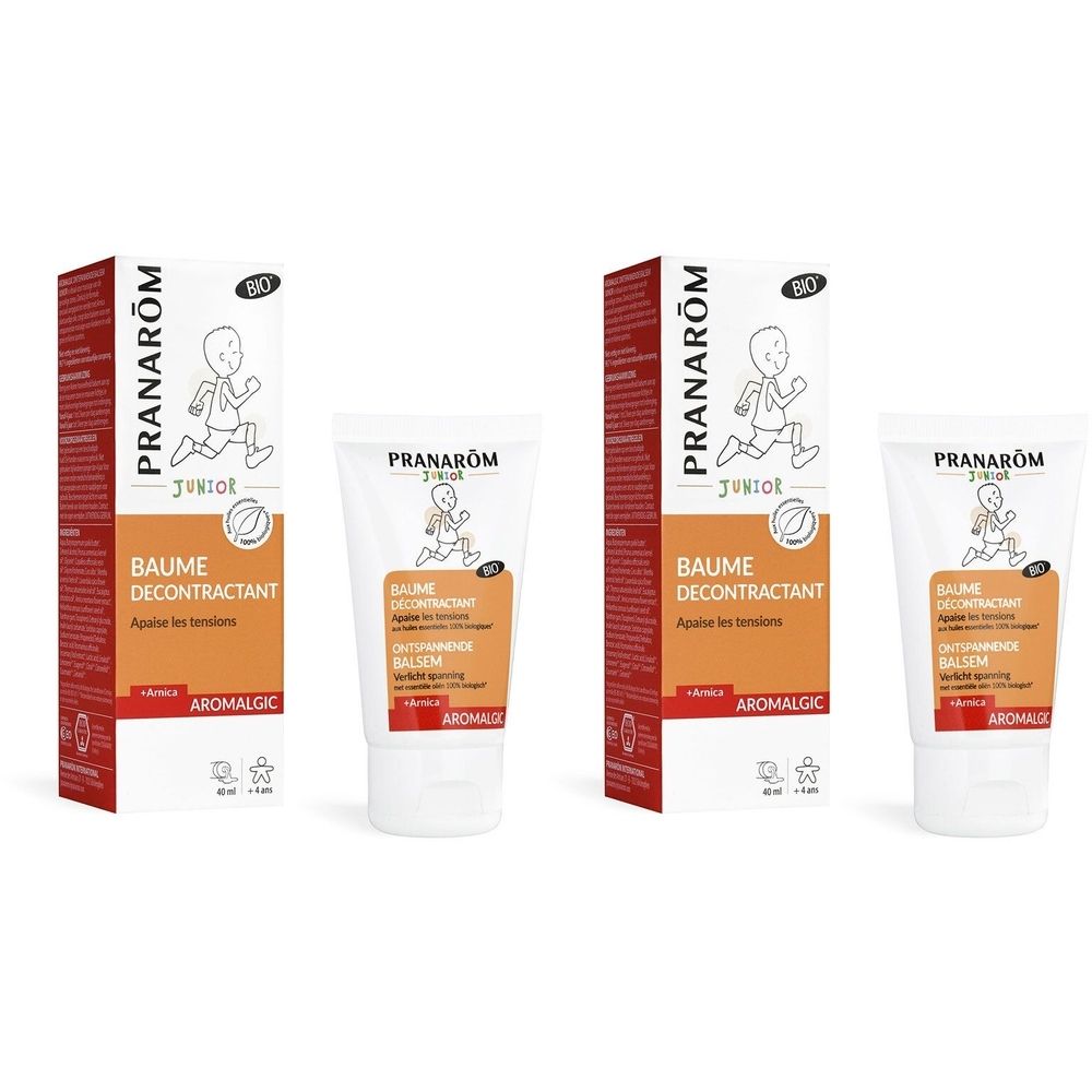 Deux tubes et emballages. Inscription: Pranarôm Junior, Baume Décontractant, Aromalgic. Certification Bio.