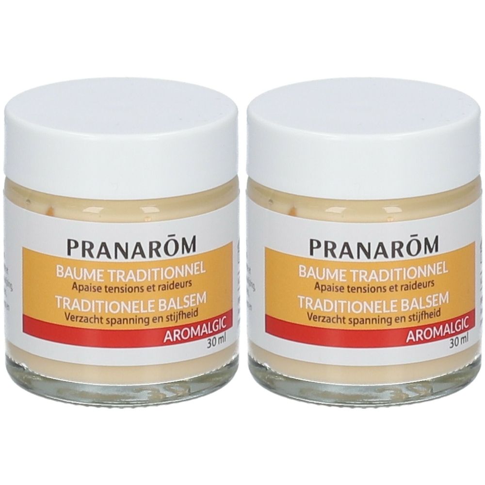 Deux pots de Baume Traditionnel Aromalgic. Inscription: Baume Traditionnel, Traditionele Balsem. Étiquette jaune avec 1+1.