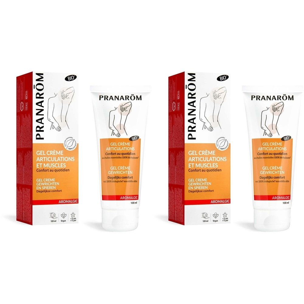 Quatre tubes et deux boîtes. Sur les tubes, "GEL CRÈME ARTICULATIONS ET MUSCLES". Sur les boîtes, "PRANAROM".