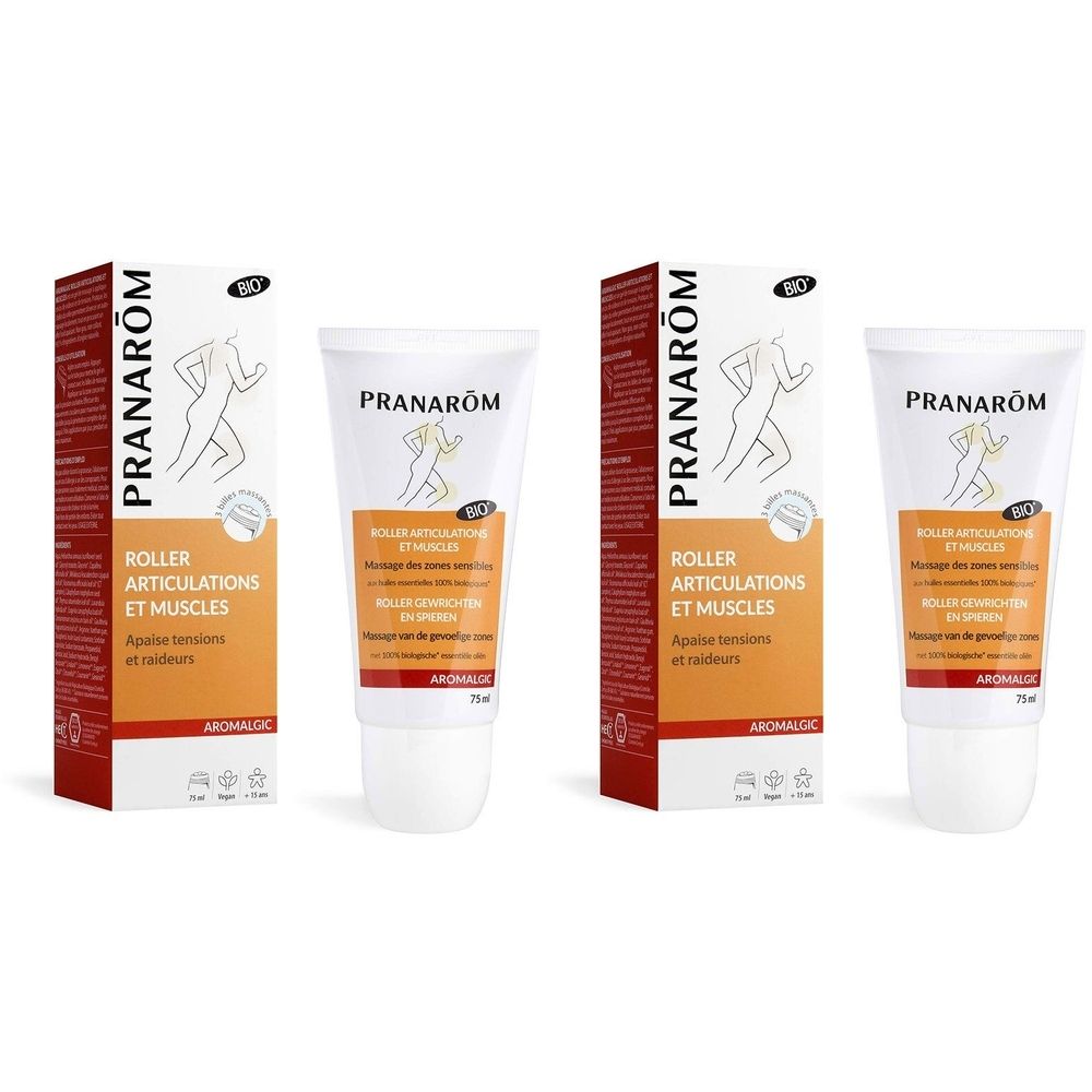 Deux tubes et deux boîtes. Sur les tubes et les boîtes, on lit "PRANAROM". Sur les boîtes, on lit "ROLLER ARTICULATIONS ET MUSCLES".
