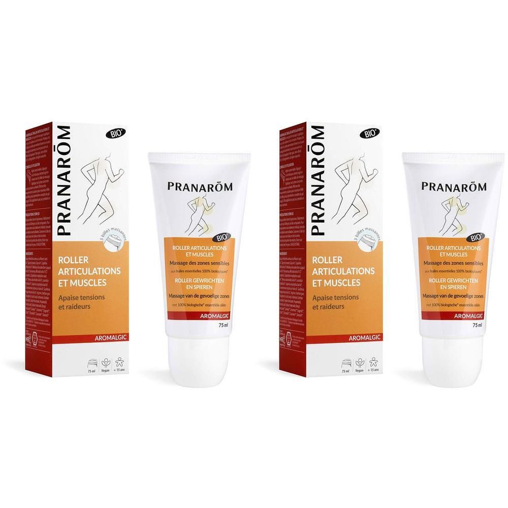 Zwei Tuben und zwei Kartons. Aufdruck: Pranarôm, Roller Artikulationen et Muscles. Bio-Zertifizierung.