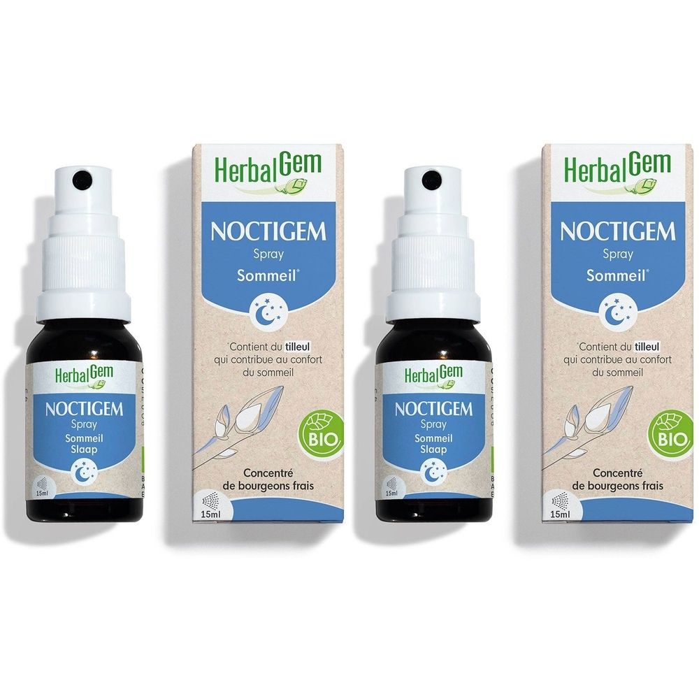 Drei Flaschen HerbalGem NOCTIGEM Spray mit Verpackung. Schwarze Flaschen, weiße Sprühköpfe, beige Verpackung mit Text.