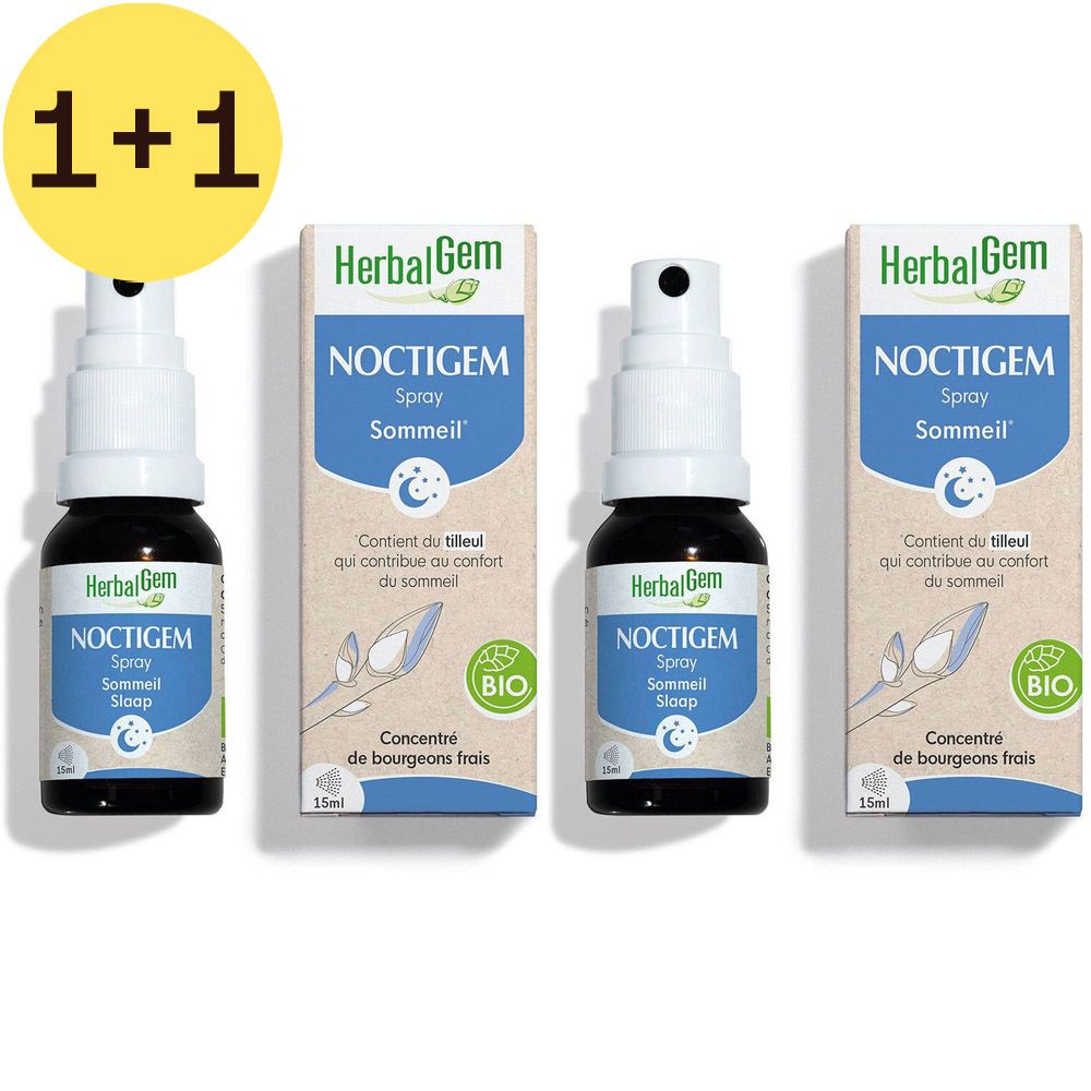Trois flacons de spray HerbalGem NOCTIGEM avec emballage. Cercle jaune avec texte '1+1' en haut à gauche.