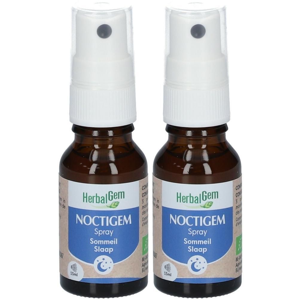 Zwei Flaschen HerbalGem NOCTIGEM Spray. Braune Glasflaschen mit weißem Sprühkopf.