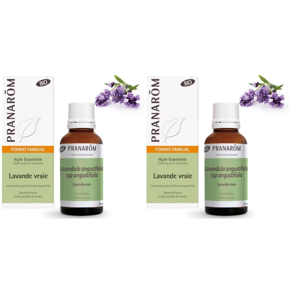 Zwei Flaschen und Verpackungen von Pranarom Ätherisches Öl Echter Lavendel Bio. Mit Lavendelblüten.