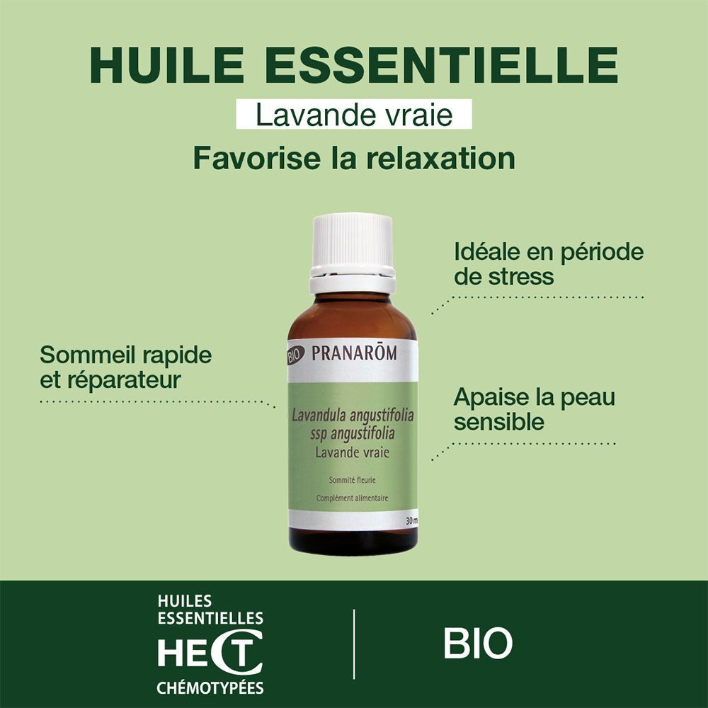 Eine Flasche Pranarom Ätherisches Öl Echter Lavendel Bio. Text: Huile Essentielle, Lavande vraie, Bio.