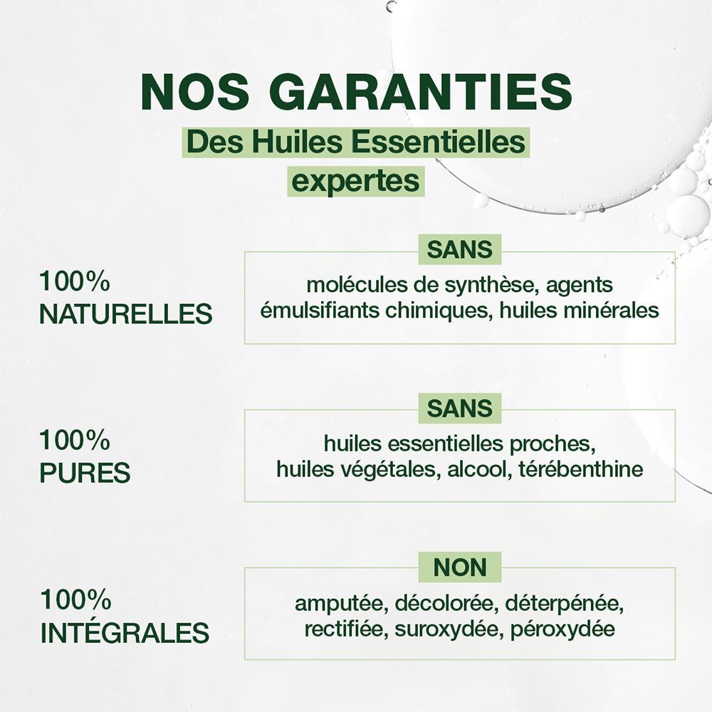 Text: Nos Garanties. 100% Naturale, 100% Rein, 100% Integral. Ohne synthetische Moleküle, ohne Alkohol.