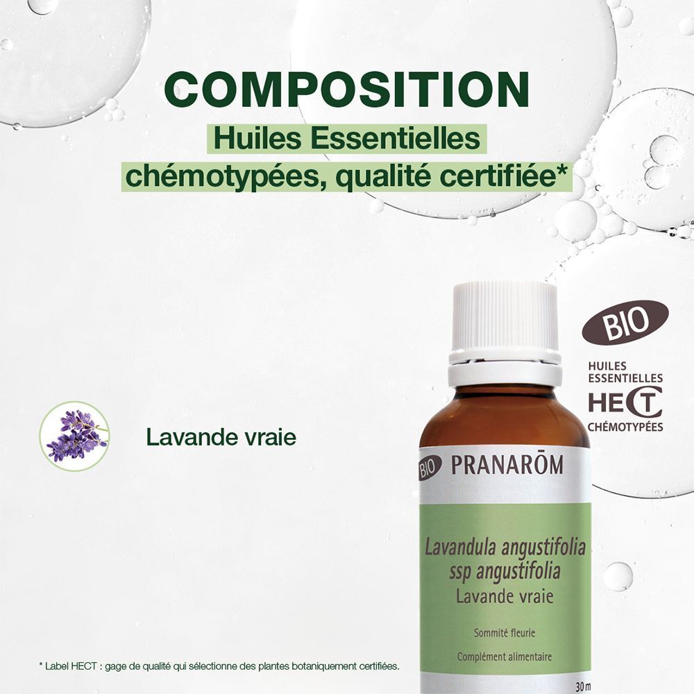 Flasche Pranarom Ätherisches Öl Echter Lavendel Bio. Text: Composition, Huiles Essentielles, Lavande vraie, Bio.