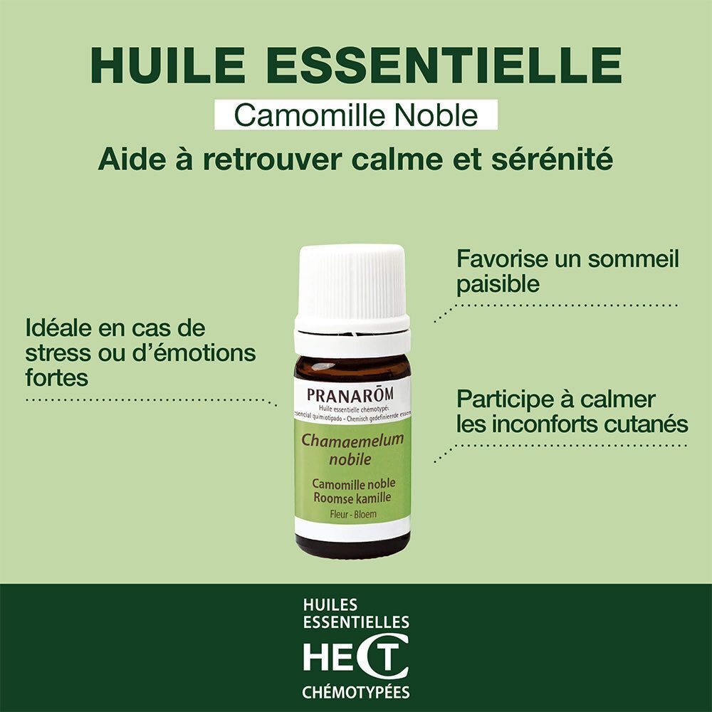 Deux flacons d'huile essentielle de camomille noble PRANAROM avec boîtes et fleurs.