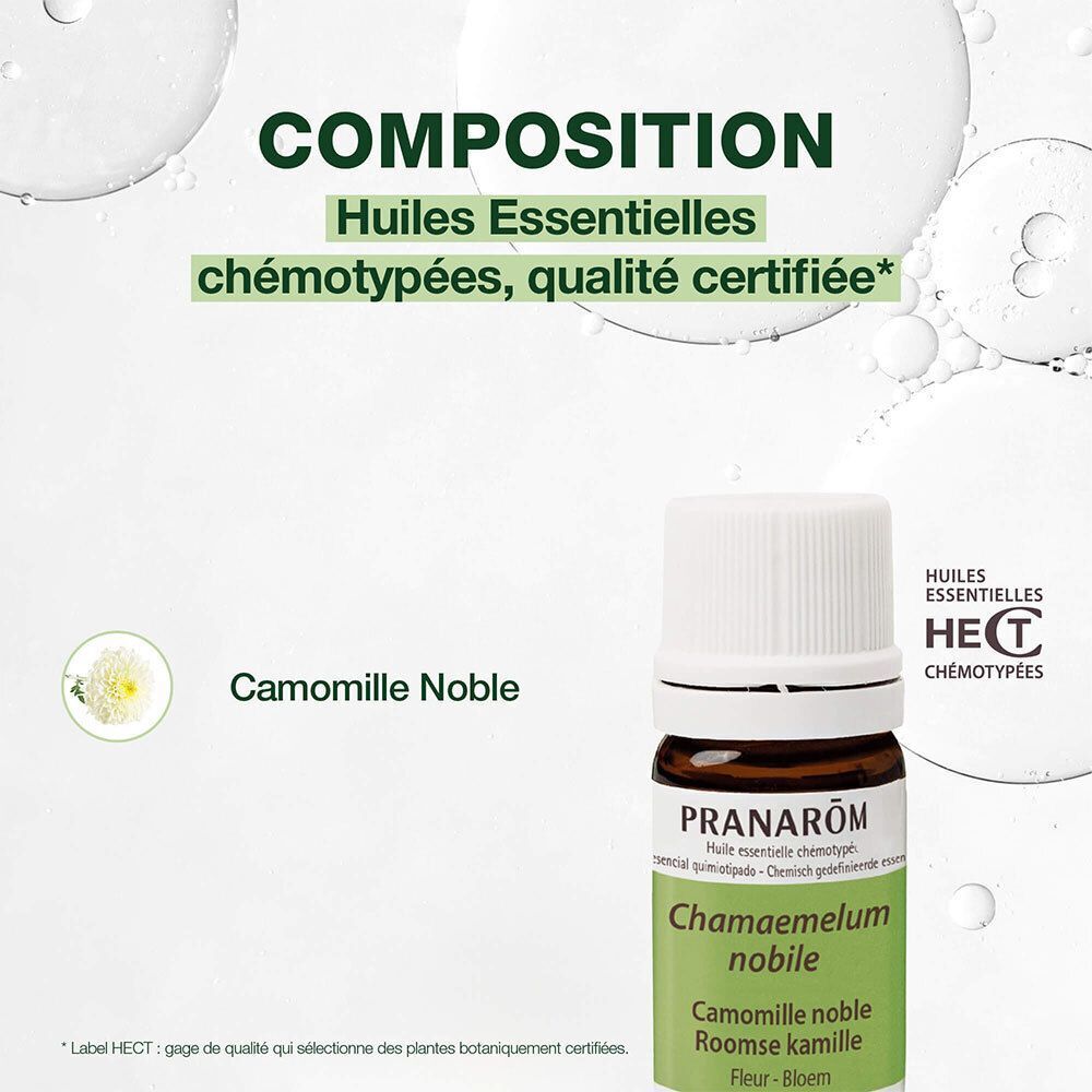 Flacon d'huile essentielle de camomille noble PRANAROM avec texte sur les bienfaits.