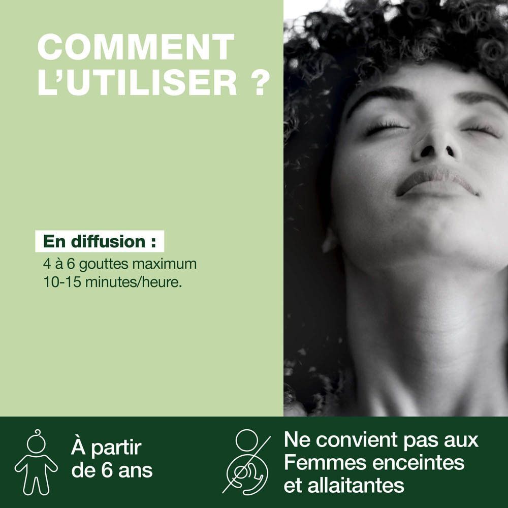 Femme aux yeux fermés. Texte : Comment l'utiliser ? Pour la diffusion : 4 à 6 gouttes.