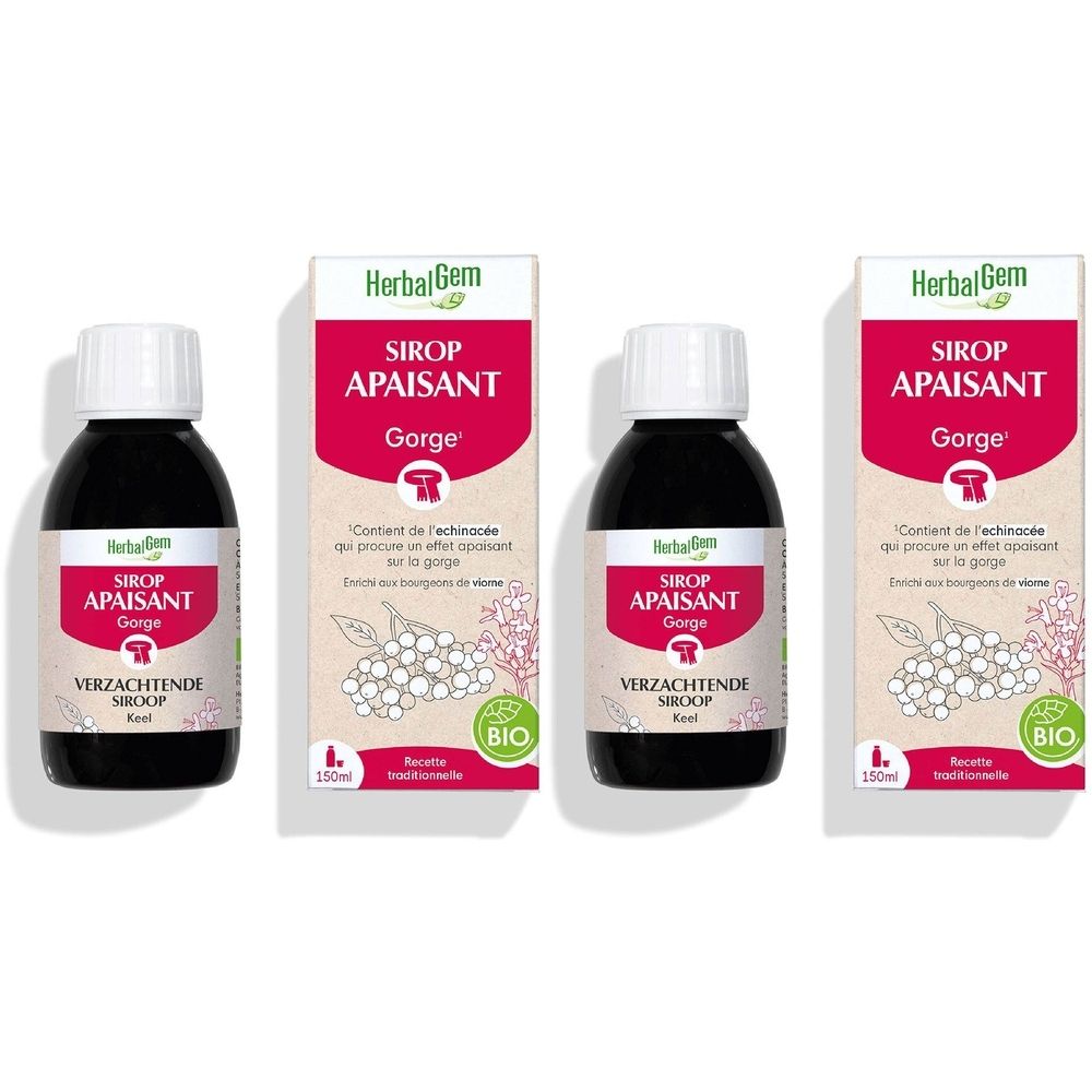 Trois flacons et deux boîtes de Sirop Apaisant HerbalGem. Flacons avec bouchon blanc, liquide noir et étiquette rouge. Label Bio.