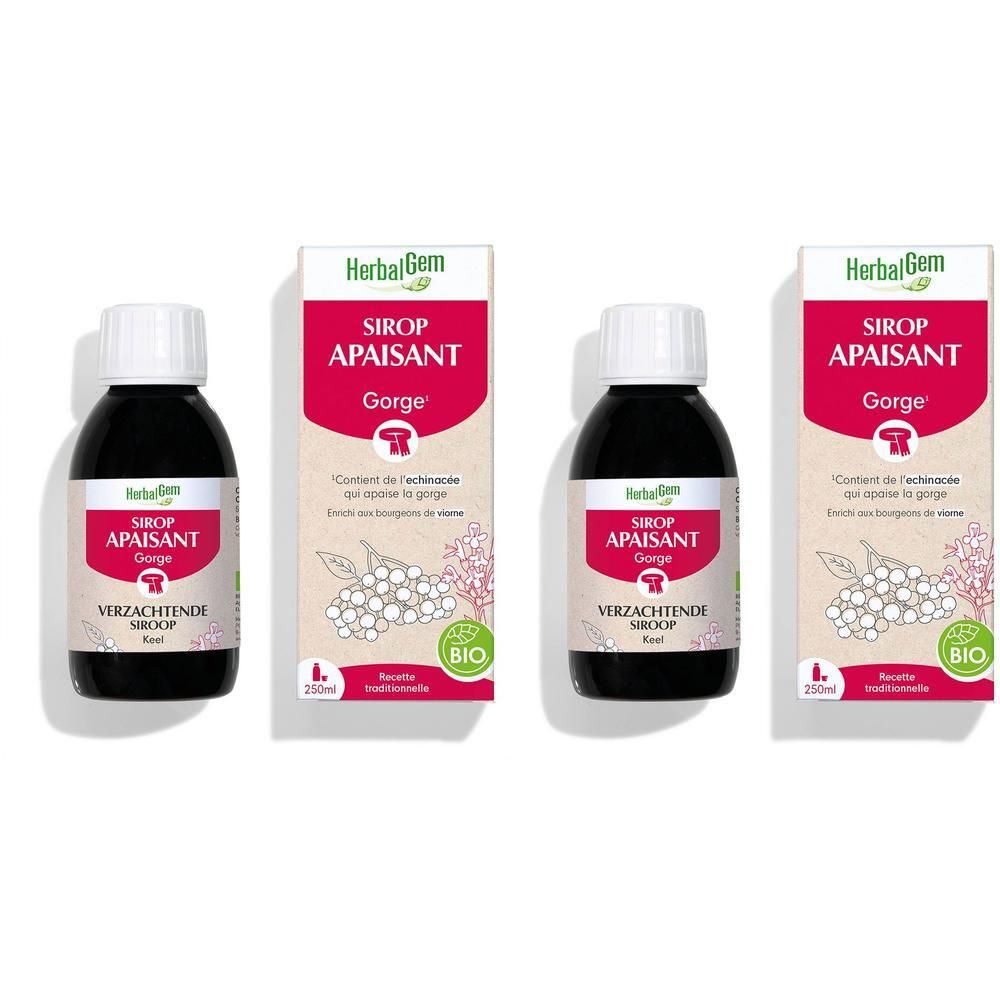 Vier Flaschen und Verpackungen. Aufschrift: HerbalGem, Sirop Apaisant Gorge, 25ml, Bio. Weiße Kappen, schwarze Flüssigkeit, weiße Verpackung.