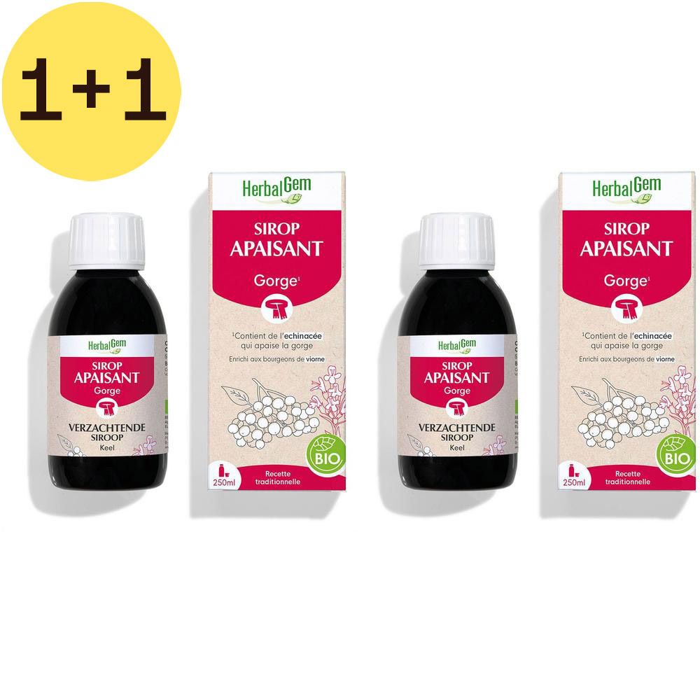 Quatre flacons et emballages. Inscription: HerbalGem, Sirop Apaisant Gorge, 25ml, Bio. Bouchons blancs, liquide noir, emballage blanc.