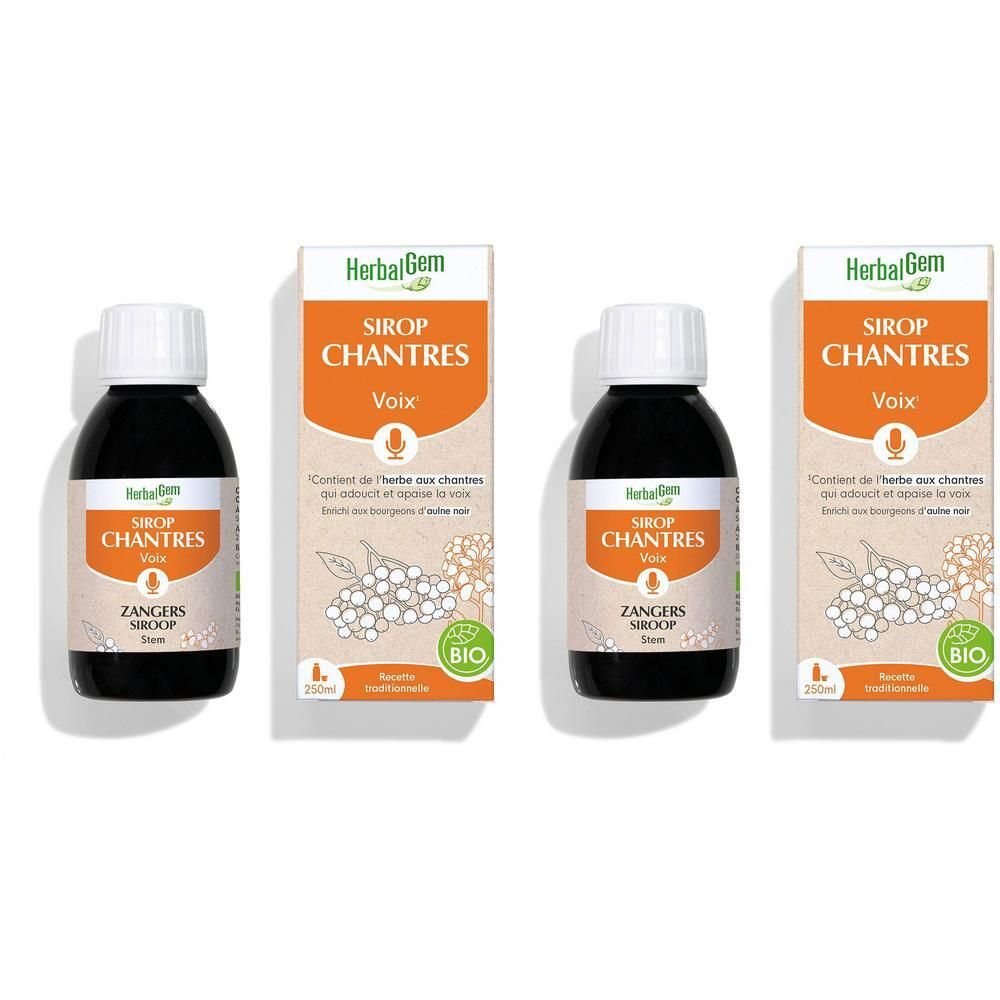 Vier Flaschen HerbalGem Sirup für Sänger mit Verpackung. Aufschrift: Sirop Chantres Voix, Zangers Siroop, Bio.