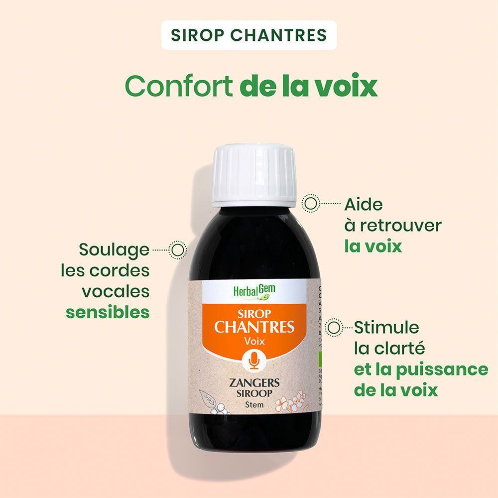 Flasche HerbalGem Sirop Chantres Voix. Beschriftung: Zangers Siroop. Text: Confort de la voix. Diagramm mit Pfeilen und Text.