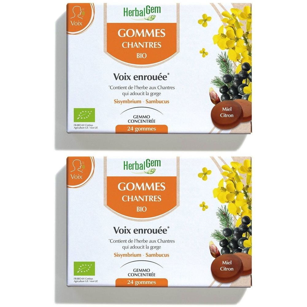 Deux boîtes de gommes. Emballage orange avec nom du produit et logo. Certification bio.