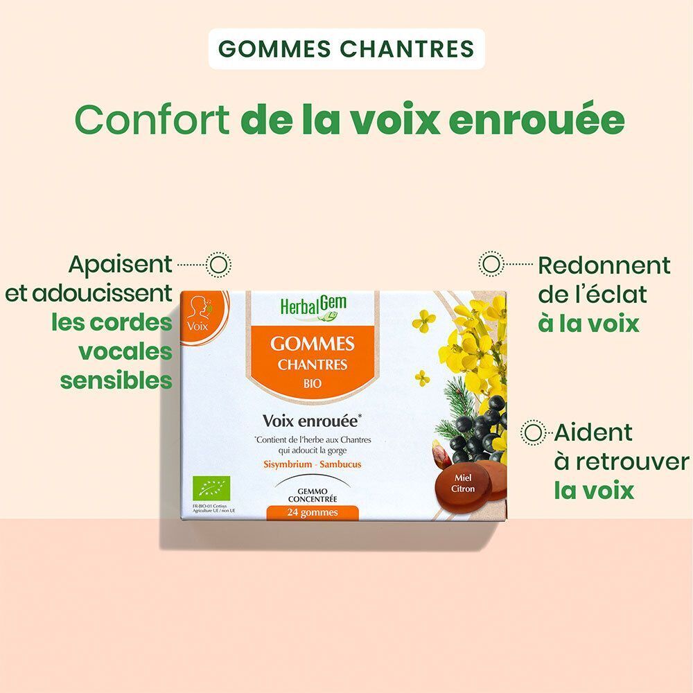 Boîte de produit avec texte: 'Confort de la voix enrouée'. Diagramme avec les avantages du produit.