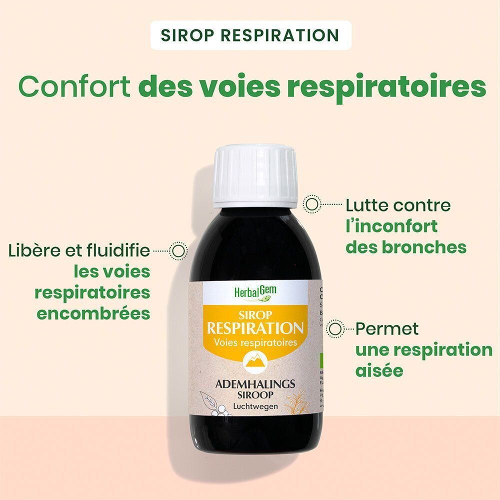 Une bouteille de sirop HerbalGem pour la respiration Bio. Inscription: Sirop Respiration. Texte: Confort des voies respiratoires.