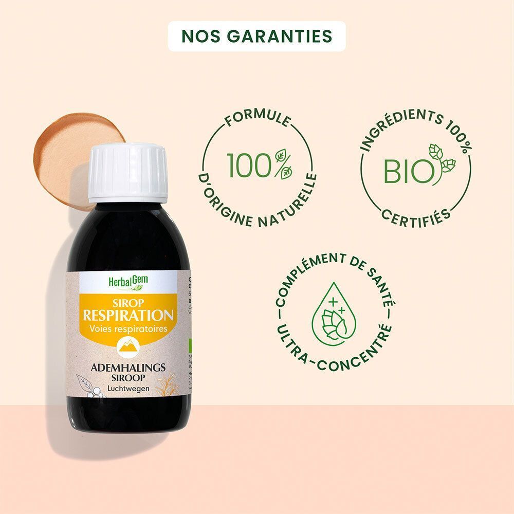 Une bouteille de sirop HerbalGem pour la respiration Bio. Inscription: Sirop Respiration. Certification Bio. Ingrédients 100% naturels.