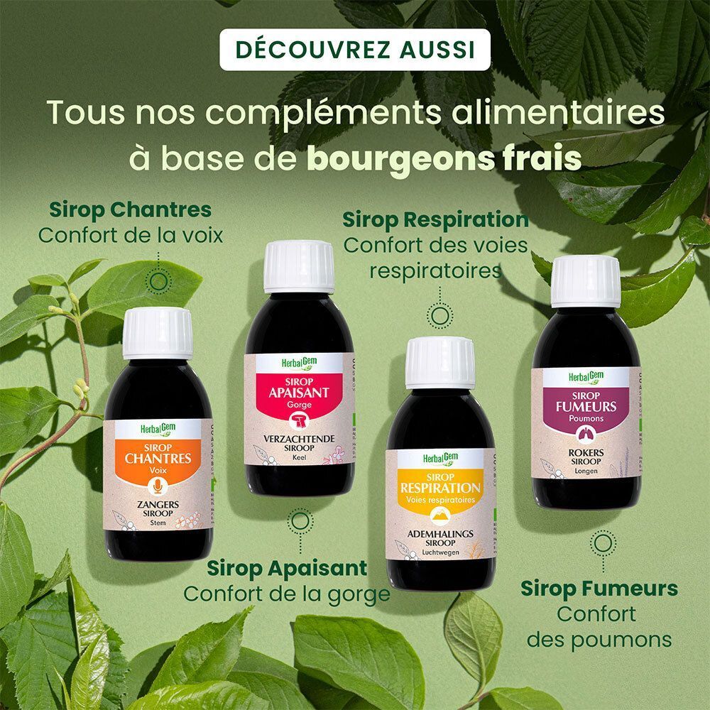 Trois flacons de sirop HerbalGem pour la respiration Bio avec emballage. Inscription: Sirop Respiration, certification Bio.