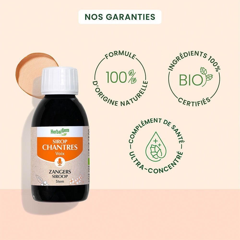 Un flacon avec bouchon blanc. Inscription: HerbalGem, Sirop Chantres, Voix, Zangers Siroop. Certification Bio.