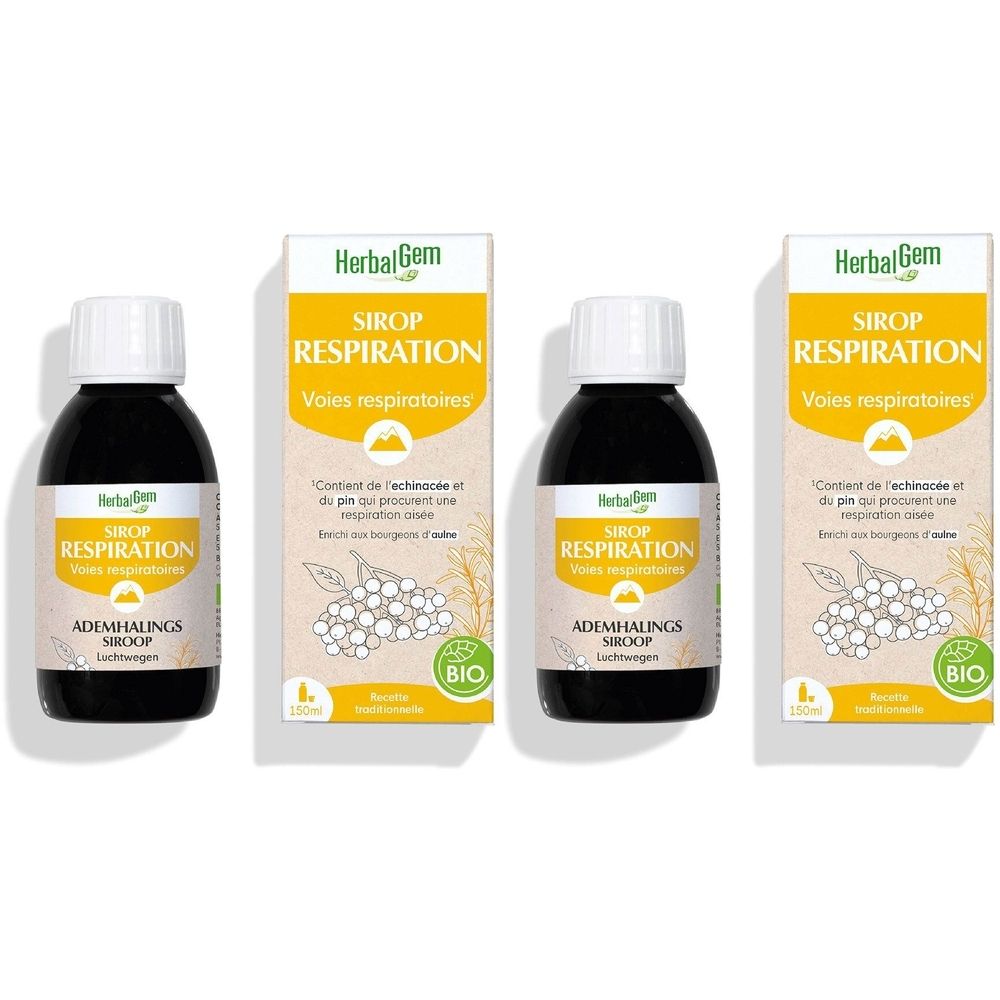 Drei Flaschen HerbalGem Respiration Bio Sirup mit Verpackung. Gelbe Etiketten, weiße Deckel. Bio-Zertifizierung.