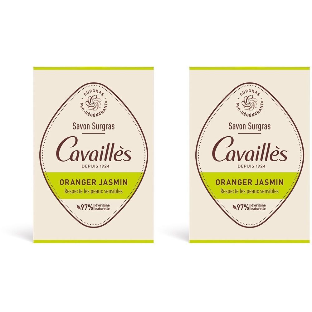 Deux emballages de savon Cavaillès. Inscription: Savon Surgras Oranger Jasmin. Symbole jaune 1+1 gratuit.