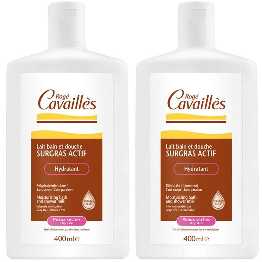 Deux flacons blancs de Rogé Cavaillès Lait Bain & Douche Surgras Actif Hydratant. Inscription: Lait bain et douche, Hydratant, Peaux sèches, 400ml.