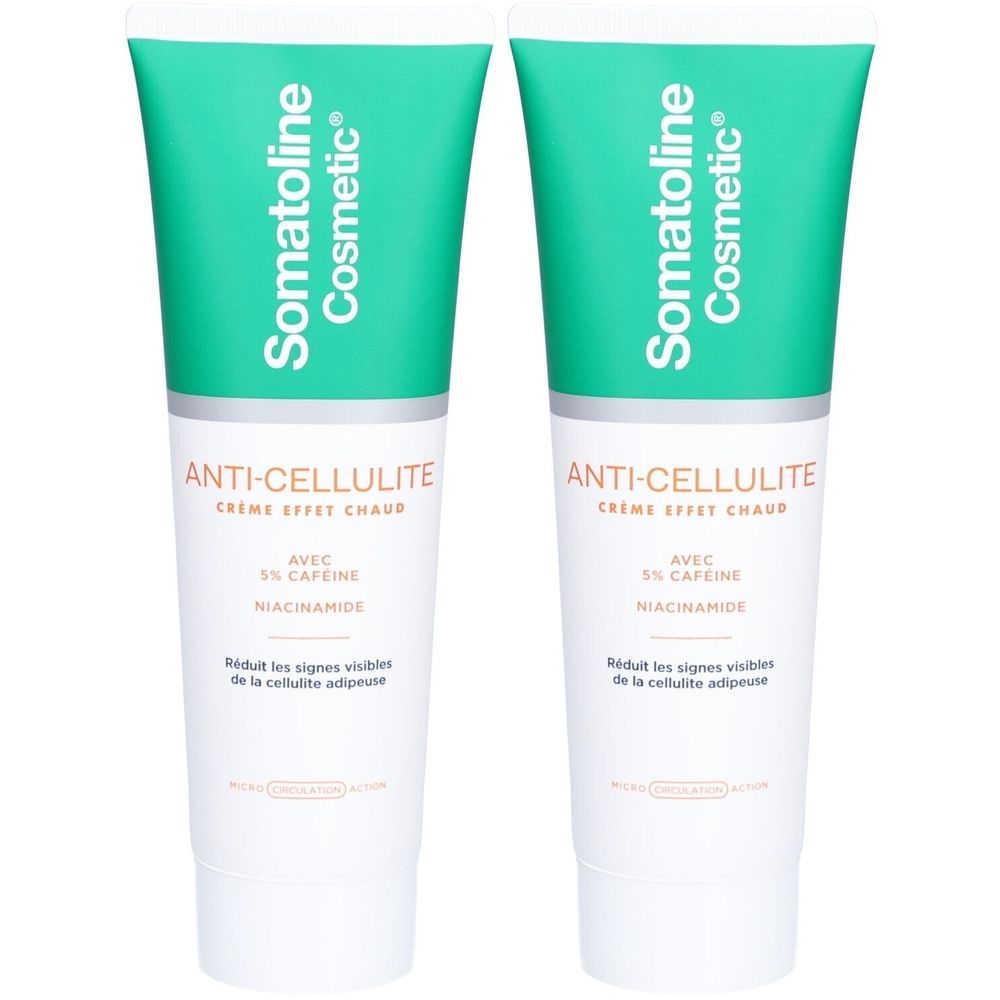 Deux tubes de crème anti-cellulite, bouchon vert et corps blanc. Texte: Anti-Cellulite, avec 5% caféine, niacinamide. Cercle jaune: 1+1.