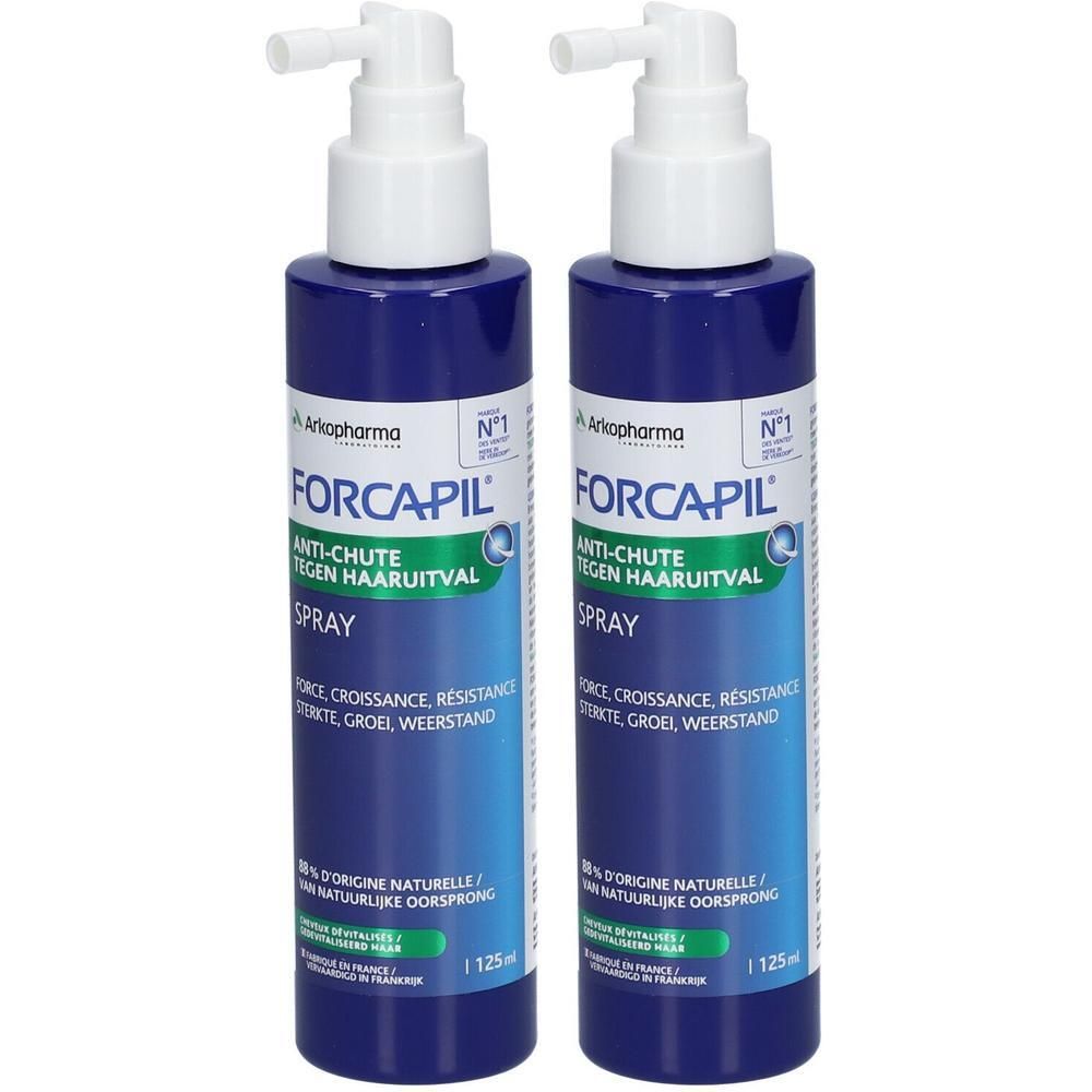 Zwei blaue Sprühflaschen mit weißem Aufsatz. Aufschrift: FORCAPIL, Anti-Haarausfall Spray. Arkopharma Logo.