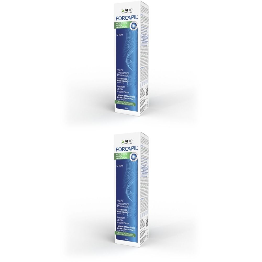 Deux boîtes de FORCAPIL Spray. Blanc, bleu et vert. Texte: FORCAPIL, Anti-chute. Logo Arkopharma.