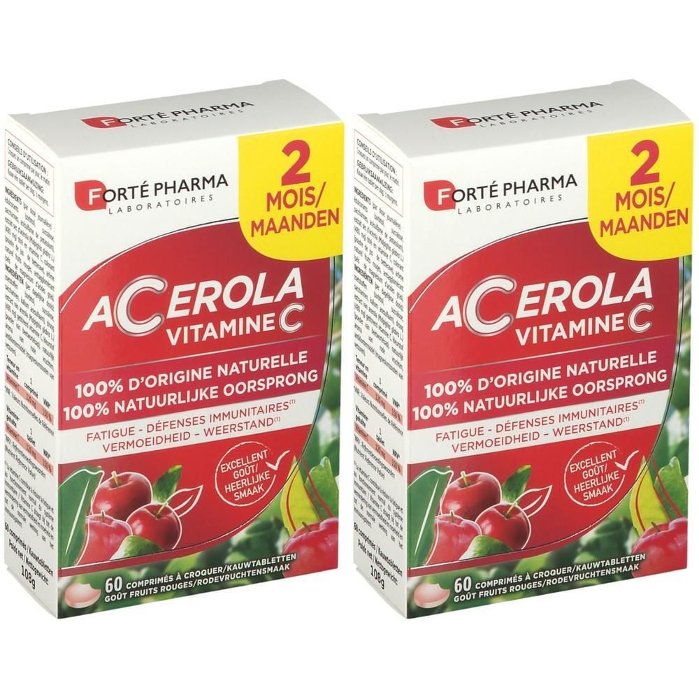 Zwei Schachteln Forté Pharma Acérola Vitamin C. Weiße Verpackung mit roter Schrift und Abbildung von Früchten. Text: Acérola Vitamin C.