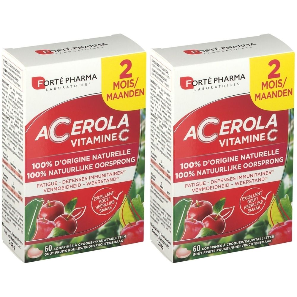 Deux boîtes de Forté Pharma Acérola Vitamine C. Emballage blanc avec texte rouge et illustration de fruits. Texte: Acérola Vitamine C.