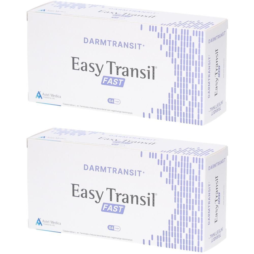Zwei weiße Kartons mit blauer Schrift. Aufschrift: Darmtransit Easy Transil FAST. Astel Medica Logo.