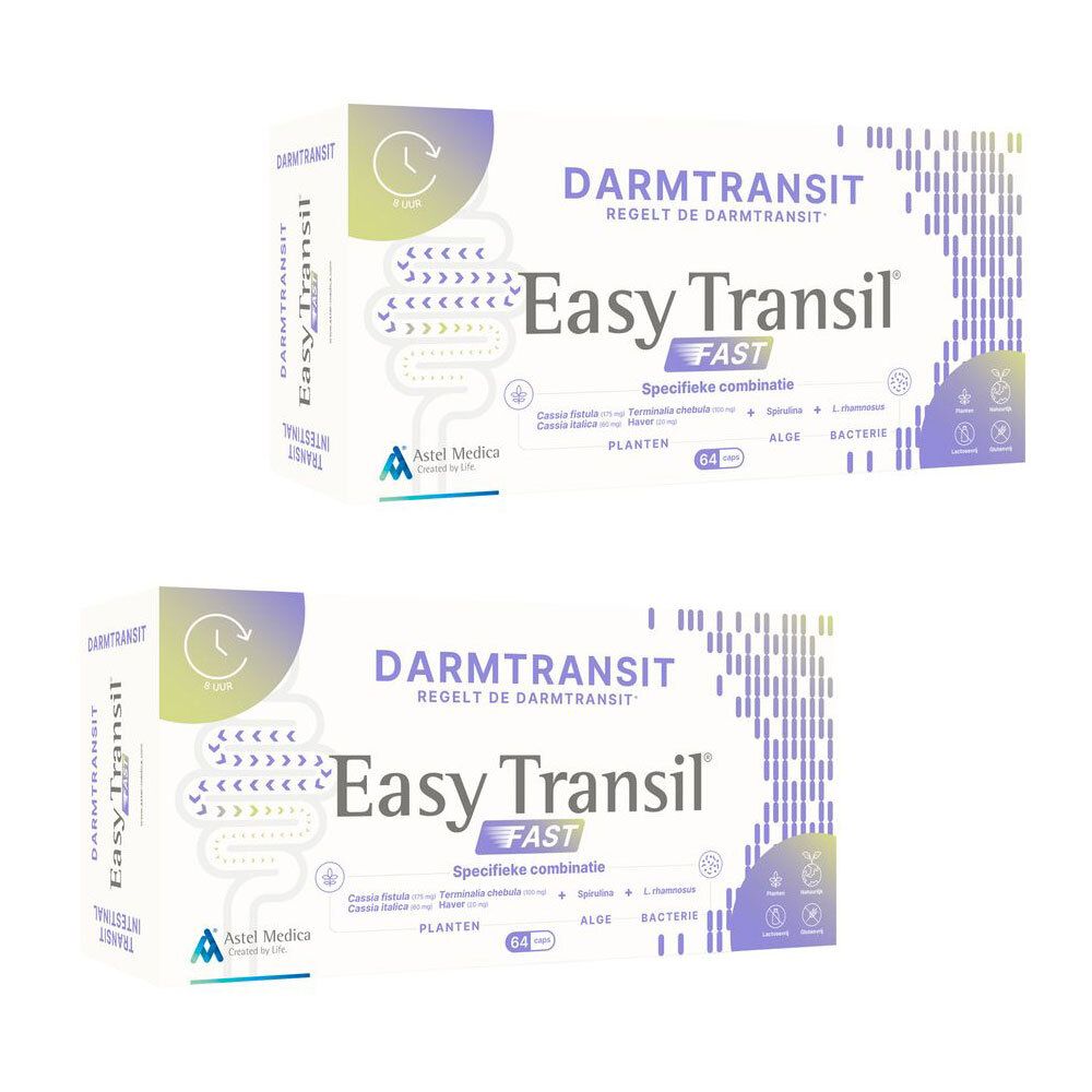 Deux boîtes avec texte bleu. Inscription: Darmtransit Regelt de Darmtransit Easy Transil FAST. Logo Astel Medica.