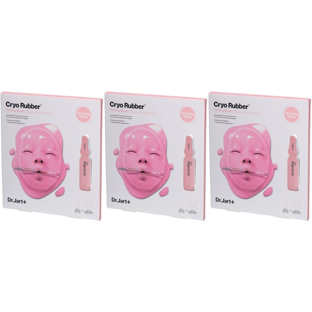 Trois emballages avec masques faciaux roses et ampoules. Inscription : Cryo Rubber, Dr. Jart+.