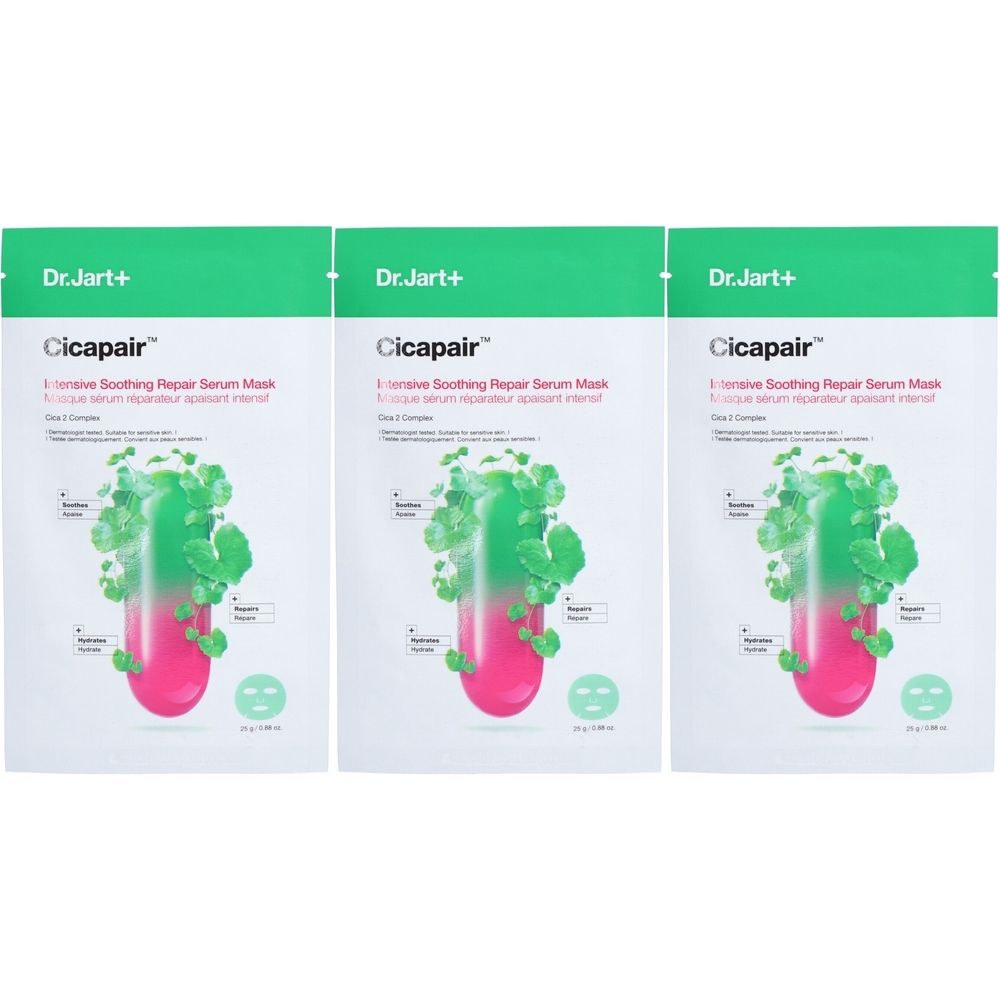 Trois paquets de masque sérum Dr.Jart+ CICAPAIR™. Emballage vert et blanc avec nom du produit et illustration.