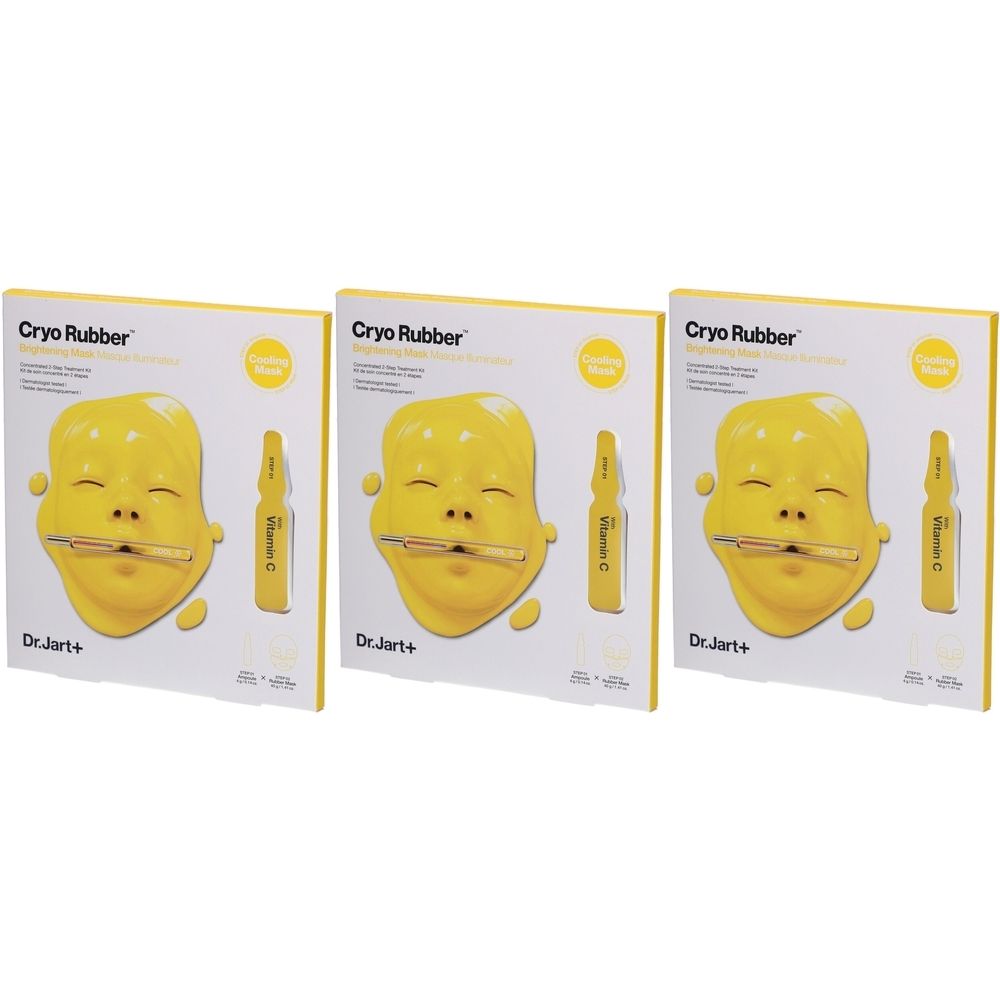 Trois boîtes de DR.JART+ Kryo-Gummi - Maske Illuminateur. Masque jaune, ampoule, emballage jaune. Inscription : Cryo Rubber, Vitamin C.