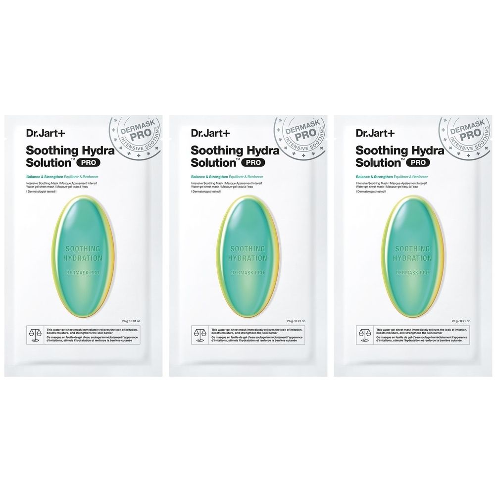 Trois paquets de Dr.Jart+ DERMASK™ Soothing Hydra Solution PRO. Emballage blanc avec un design ovale vert et le nom du produit.